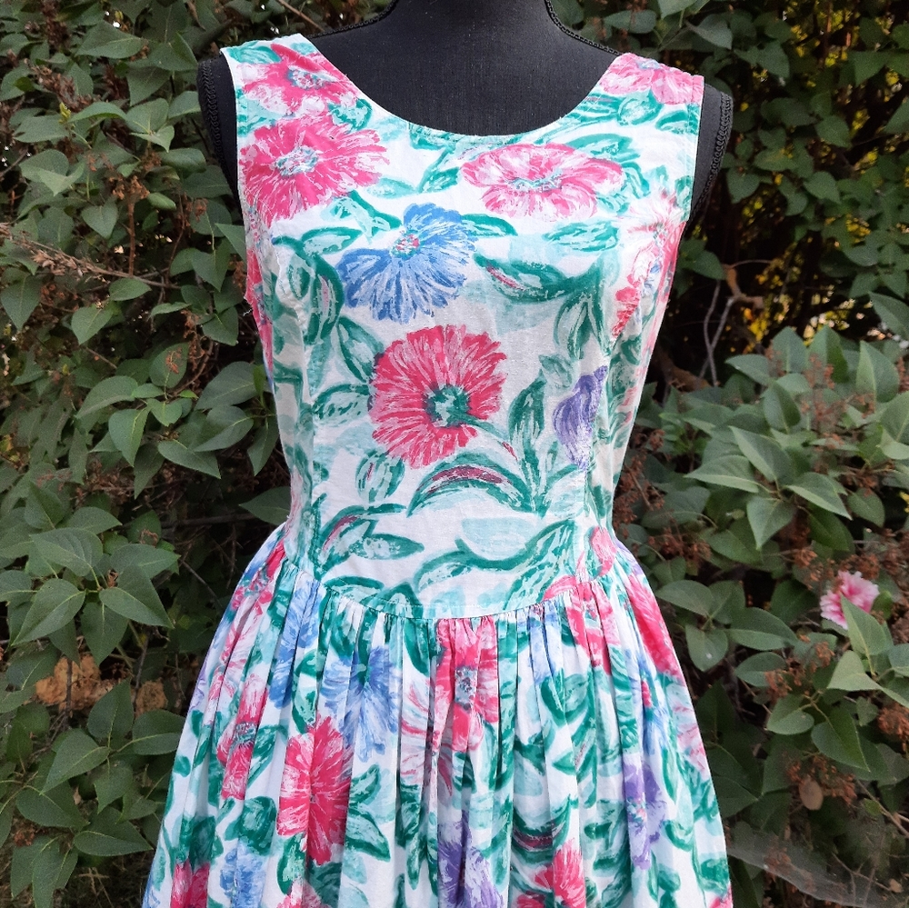 VTG 80s Honors Backless Floral Fit & Flare Dress S - Picture 4 of 16